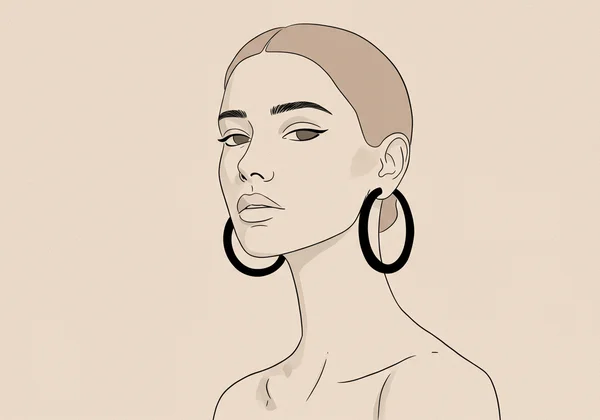 An oblong face model wearing large, bold hoop earrings.