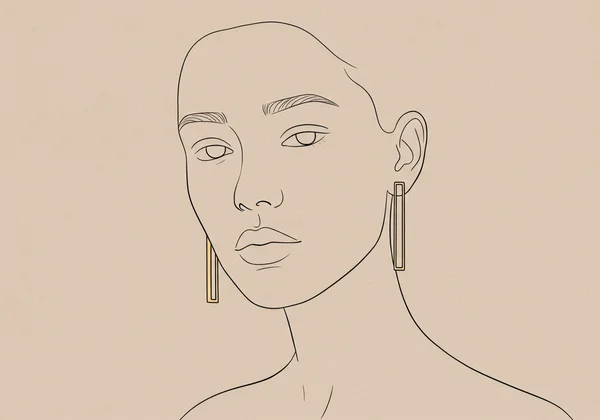 A round face model wearing long, slender dangle earrings.