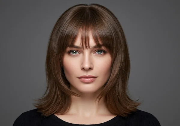 Woman with curtain bangs softening a square face shape