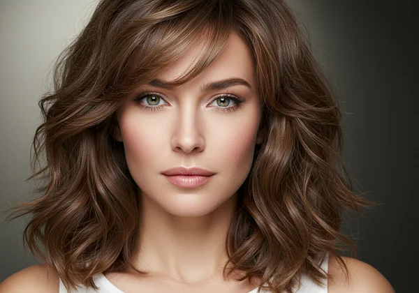Woman with long, wavy, layered hair complementing square face