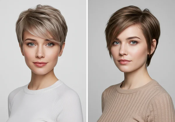 Woman with soft pixie, woman with angled bob for square face