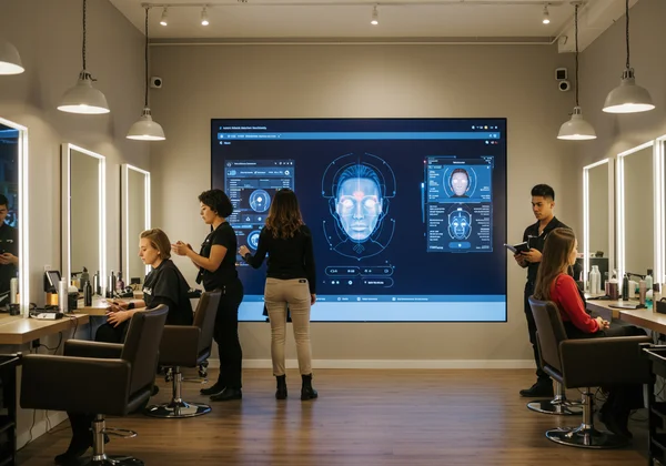 Modern salon showcasing AI face analysis technology