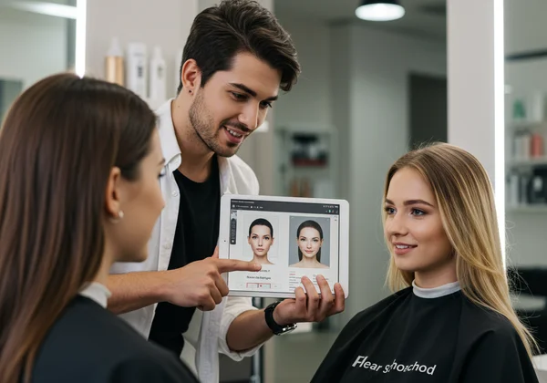 Stylist and client review AI face shape analysis