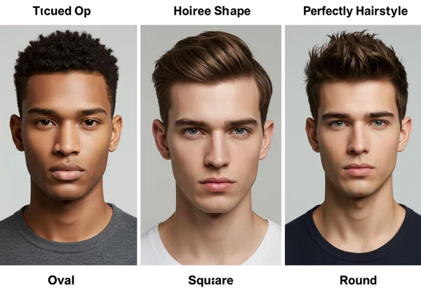 Hình ảnh ghép các kiểu tóc khác nhau trên khuôn mặt nam giới, phù hợp với từng dáng mặt