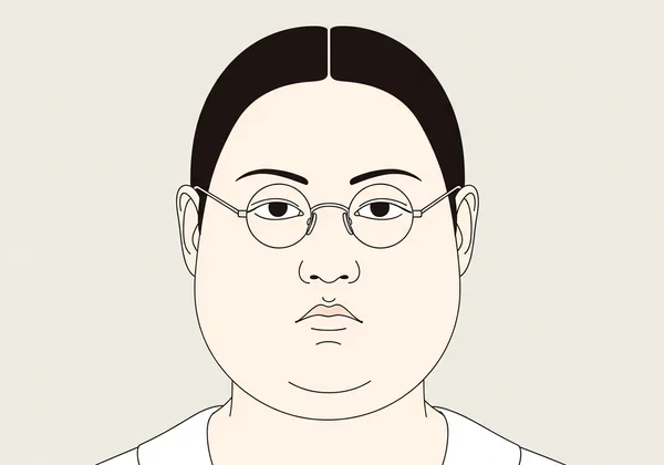 A person with a round face wearing unflattering round glasses