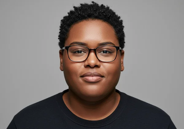 Person with round face wearing sharp, angular glasses