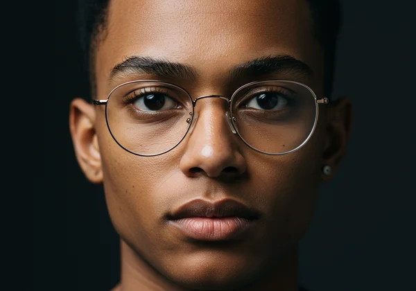 Person with square face wearing round aviator glasses