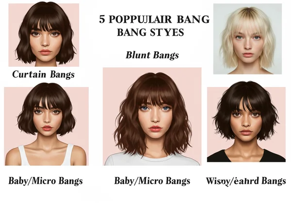 Visual guide showing popular bang styles like curtain, blunt, side-swept